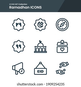 icon set of ramadhan eid mubarak compass, qibla, muslim and many more. with line style vector. suitable use for web app and pattern design.