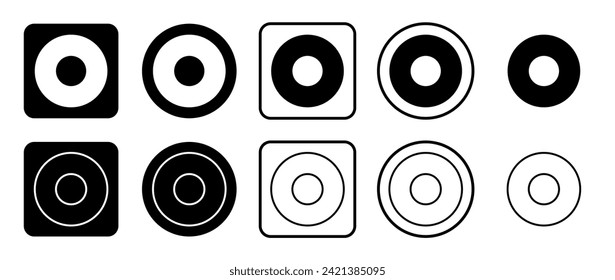 Icon set of record media symbol. Filled, outline, black and white icons set, flat style.  Vector illustration on white background