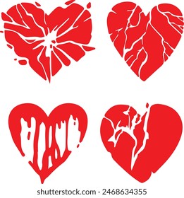 Icon set of red broken heart love valentines day lover emotion. Simple flat vector illustrations. Isolated on white, transparent background