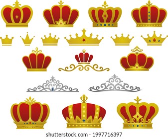 Icon set of red and golden crowns and silver tiaras
