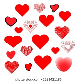 Symbolsatz von roten Herzen verschiedener Formen Piktogramme oder Symbole. Zum Valentinstag, Liebesurlaub, Hochzeit.