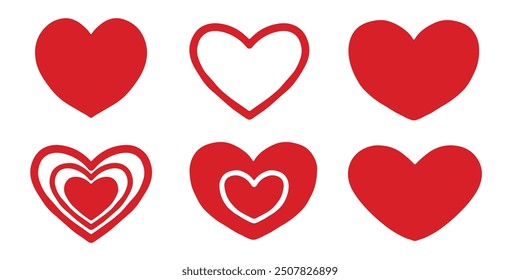 icon set of red hearts with different shapes for web. Heart icon collection on white background