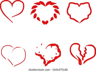 Icon set red hearts. Hand drawn illustration collection. Sketch, scribble, doodle, vector