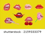Icon set with red lips, woman emotion and pout. Cherry, candy, chili and caramel in the mouth. Sexy, flirting and 
tempting pink lips. lollipop.