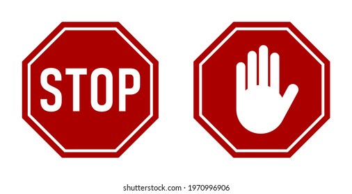 Icon Set of Red Stop Sign and Stop Hand Adblock Octagonal Symbol. Vector Image.