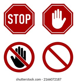 Symbolsatz des roten Stoppzeichens und Stopp Hand Adblock Oktagonales Symbol. Vektorbild.