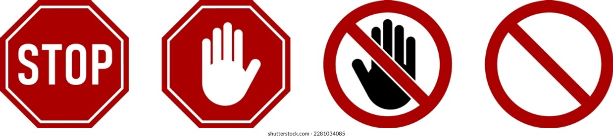Icon Set of Red Stop Sign and Stop Hand Adblock Octagonal Symbol. Vector Image.