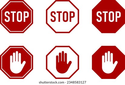 Icon Set of Red Stop Sign and Stop Hand Adblock Octagonal Symbol. Vector Image.