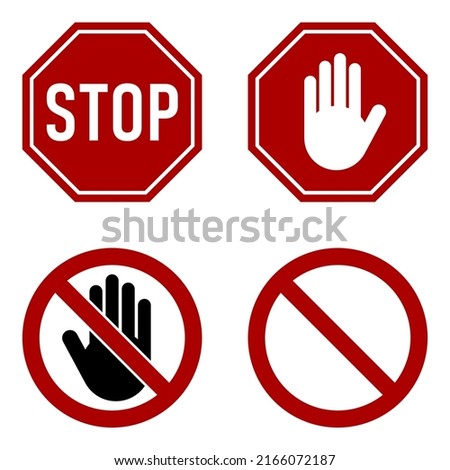 Icon Set of Red Stop Sign and Stop Hand Adblock Octagonal Symbol. Vector Image.