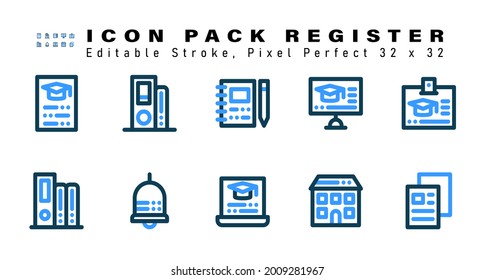 Juego de iconos para registrar dos iconos de color. Contiene íconos como Escuela, Libros, Campana, Portátil, etc. Editable Stroke. 32 x 32 Pixel Perfecto