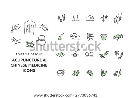 Icon set related to acupuncture and herbal medicine