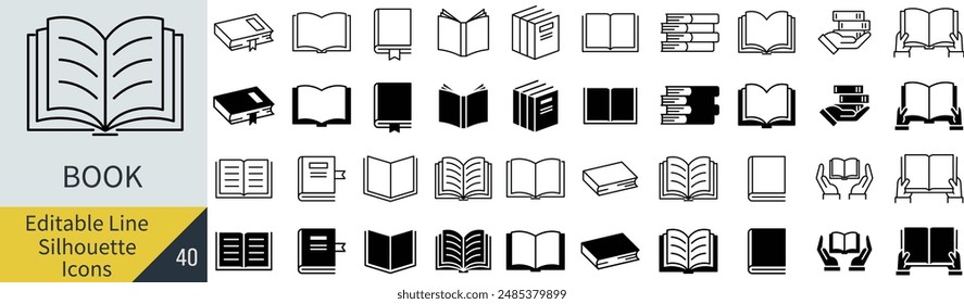 Icon set related to books in line drawing and silhouette that can edit lines (not outlined)