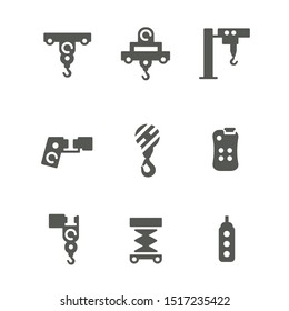 Icon Set Related To The Crane Service And Maintenance Jobs. Single Girder Gentry Crane, Double Girder Gentry Crane, Jib Crane, Chain Hoist, Wire Rope Hoist, Remote Control.