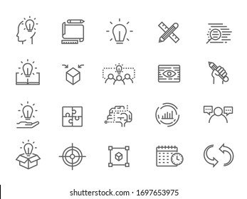 icon set related to creative teamwork, product startup, strategy team, product manufacturing, customer response. flat line design