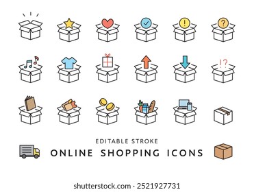Icon set related to delivery and online shopping boxes