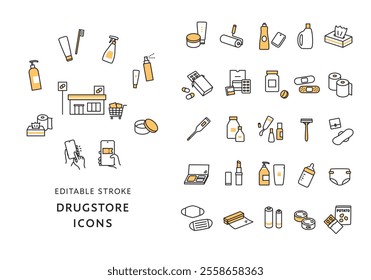 Icon set related to drug stores and daily necessities