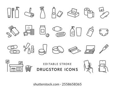 Icon set related to drug stores and daily necessities