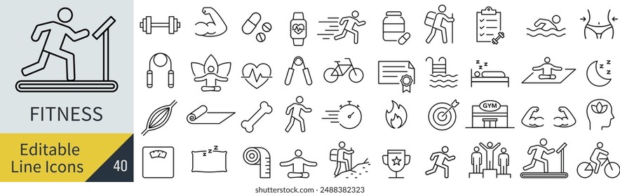 An icon set related to fitness with editable lines (not outlined)