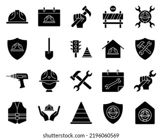 Icon set related to labor. contains roadblock icon, Work safety, shove, wrench, drilling machine, foreman hat etc. Glyph icon style, solid. Simple design editable