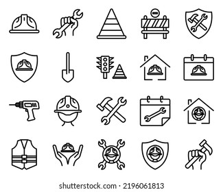 Icon set related to labor. contains roadblock icon, Work safety, shove, wrench, drilling machine, foreman hat etc. Line icon style. Simple design editable