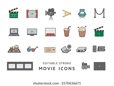 Icon set related to movies and movie theaters