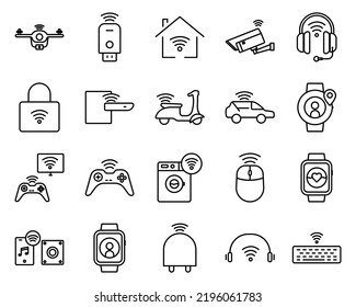 Icon set related to smart device. contains smart watch icon, CCTV, megaphone, joystick, drone, USB, Automatic car, motorcycle, Washing machine etc. Line icon style. Simple design editable
