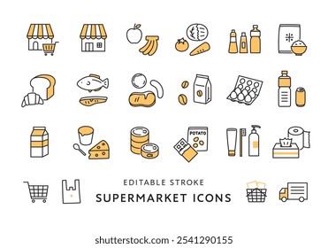 Conjunto de iconos relacionados con supermercados y comestibles