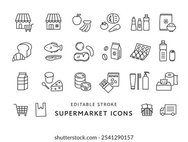 Conjunto de iconos relacionados con supermercados y comestibles