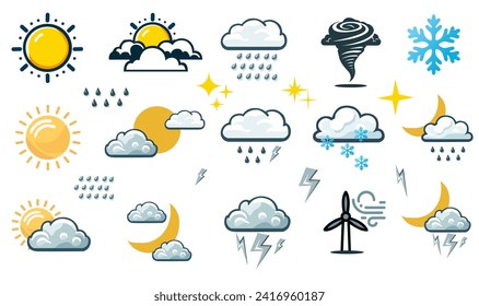 icon set for related to weather, son cloudy,rain, thonderstome,winter,night etc.vector, weather icons