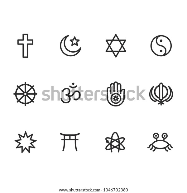 Icon set of religion symbols. Main world religious\
and atheist pictograms in simple modern line icon style. Vector\
illustration signs.