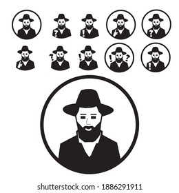 Icon set of a religious Orthodox rabbi observing Torah and mitzvos with a hat and suit and beard.
Some with a question mark,  or with an exclamation mark, and  with the hand raised in an explanation