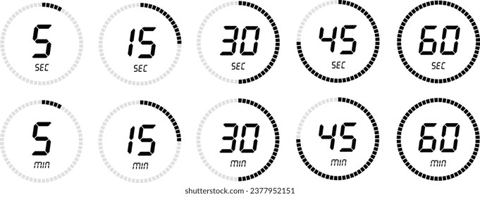 Conjunto de iconos de tiempo restante, 5, 15, 30, 45, 60 minutos, segundos. Temporizador de contador de tiempo de cuenta regresiva, cronómetro, temporizador digital, reloj, temporizador. Aislado en fondo blanco, iconos de línea delgada, vector plano