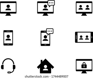 Icon set of remote work, video call, headset, telework etc