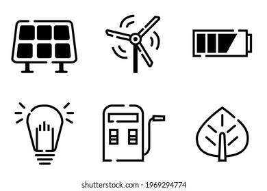 Icon Set Of Renewable Energy And Battery, Green Energy For Save World Environment And Global Warming. Carbon Credit Reducing 