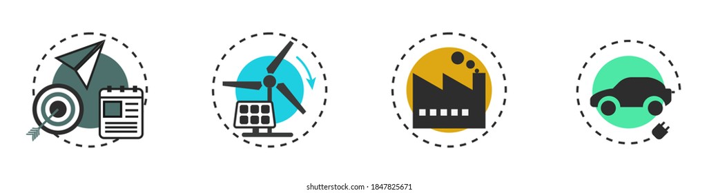 Icon set of Renewable energy pollution eliminate, gloabl warming, EV car, EV charger