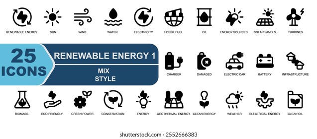 Conjunto de ícones de energia renovável. estilo mix. contém energia geotérmica, energia limpa, clima, energia elétrica, petróleo limpo, energia solar, sol, energia eólica, vento, água, energia hidrelétrica.
