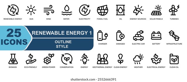 Icon set renewable energy.simple outline style.contains energy sources,solar panels,turbines,battery,charger,damaged,electric car,battery,infrastructure,electricity,biomass.
