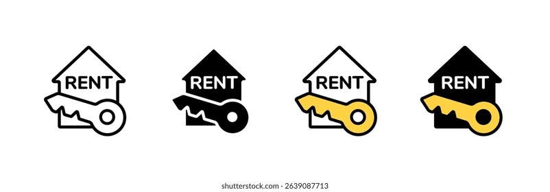 Icon set of a rent house key with outline and color variations, featuring a house and key.