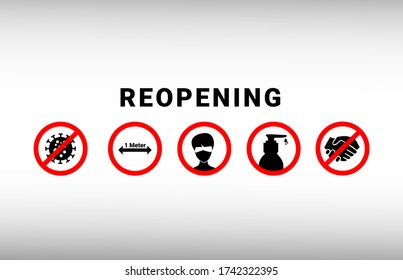 icon set and Reopening text practical prevention tips for the prevention of COVID19 coronavirus contamination. Template: door sign, banner, blog.
Service, restaurant, shop and cafe re-opening.