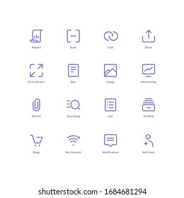 Icon Set  report scan link share fit screen doc image monitoring attach searching list archive shop shopping internet wireless notification user Line Style Icon Design Vector illustration