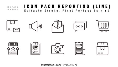 Icon Set of Reporting Vector Line Icons. Contains such Icons as Report, Camera, Package etc. Editable Stroke. 64x64 Pixel Perfect