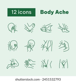 Icon set representing body pain. Outline icon style