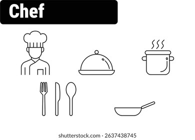 icon set representing a chef and kitchen tools including cooking pot, serving tray, utensils, and frying pan
