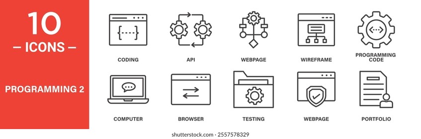 Icon set representing coding, APIs, webpages, wireframes, programming, computer systems, browsers, testing processes, and portfolios for application development.