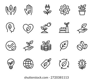 icon set representing eco-friendly concepts, renewable energy, and nature growth.