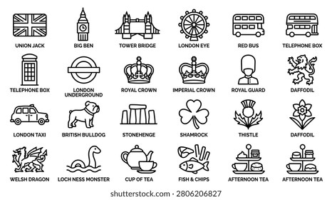 Icon set representing London and UK culture featuring Union Jack, Big Ben, Tower Bridge, London Eye, red bus, telephone box, Underground, royal crown, guard, daffodil, taxi, and bulldog for travel and tourism.