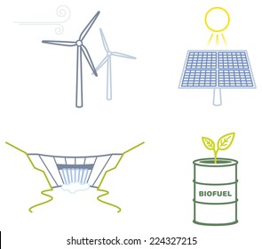Icon set representing the main Renewable energies, solar, wind, water and biomass