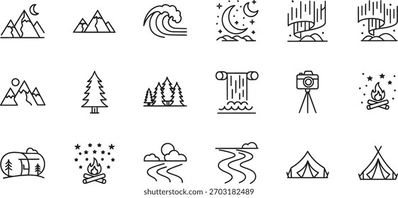 Symbolsatz, der Natur- und Outdoor-Camping einzeln auf transparentem Hintergrund darstellt