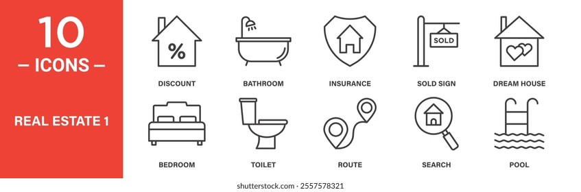 Icon set representing real estate concepts, including house discounts, bathroom, bedroom, insurance, sold sign, dream house, route, property search, and pool imagery.