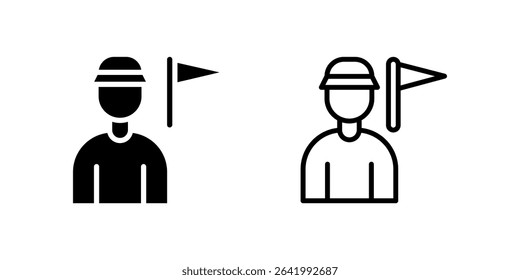 Icon set representing tour guide holding flag, perfect for travel groups